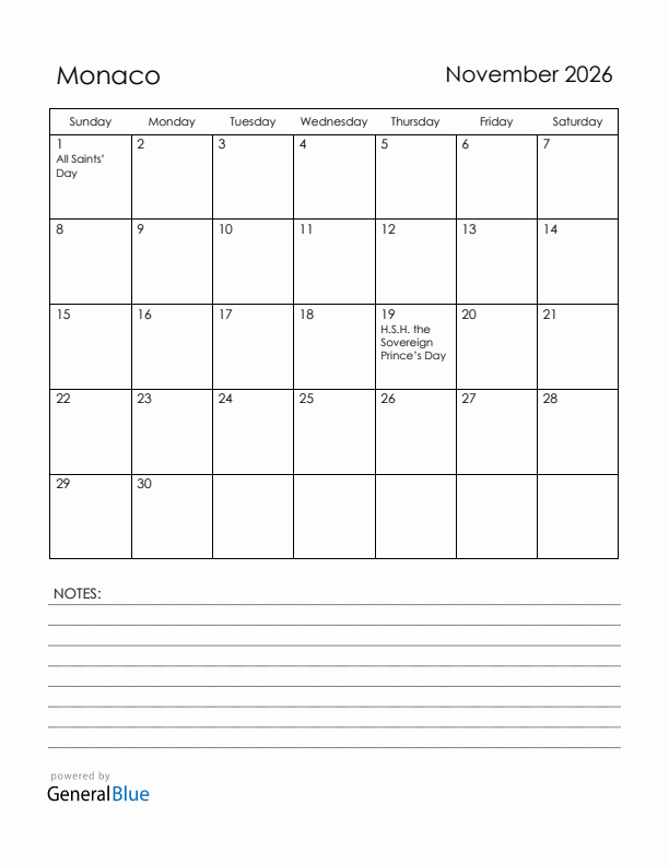 November 2026 Monaco Calendar with Holidays (Sunday Start)