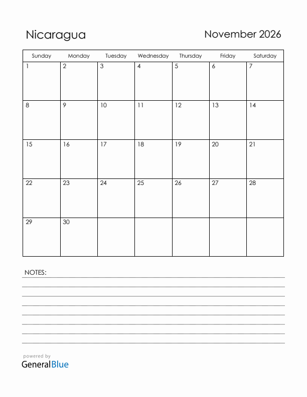 November 2026 Nicaragua Calendar with Holidays (Sunday Start)