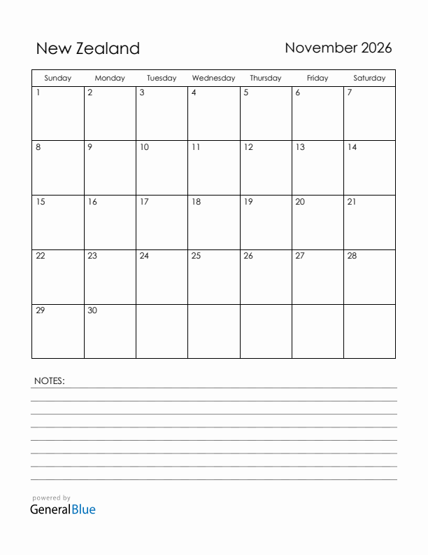 November 2026 New Zealand Calendar with Holidays (Sunday Start)