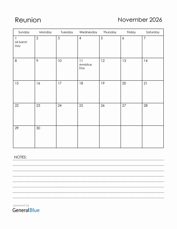 November 2026 Reunion Calendar with Holidays (Sunday Start)
