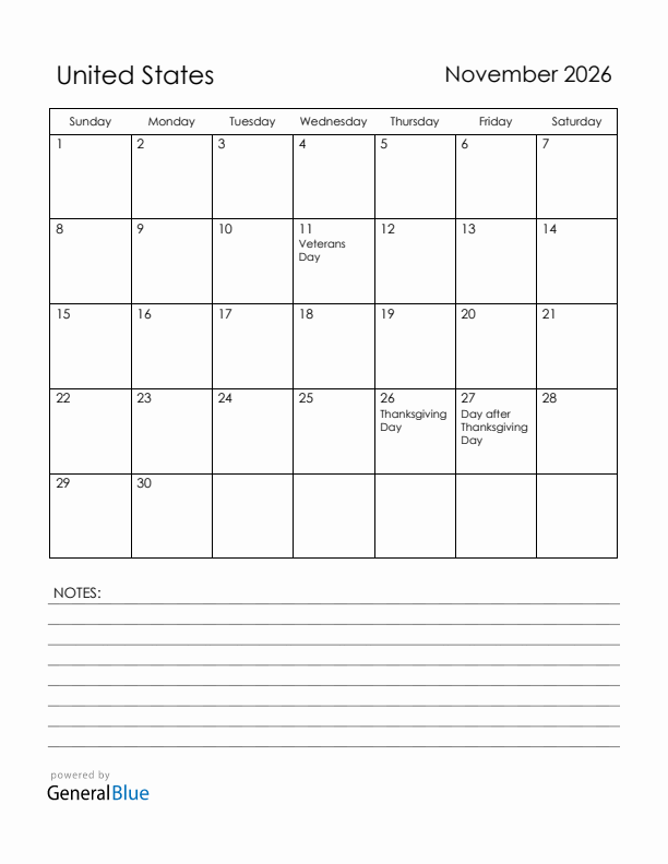 November 2026 United States Calendar with Holidays (Sunday Start)