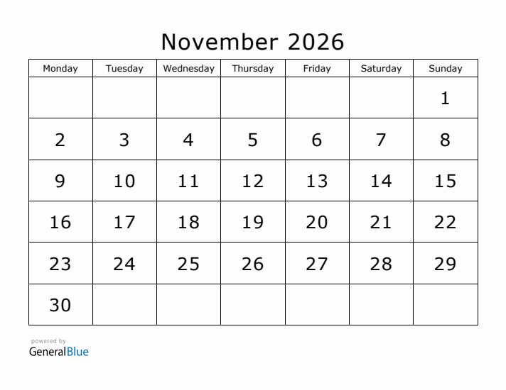 Printable November 2026 Calendar - Monday Start