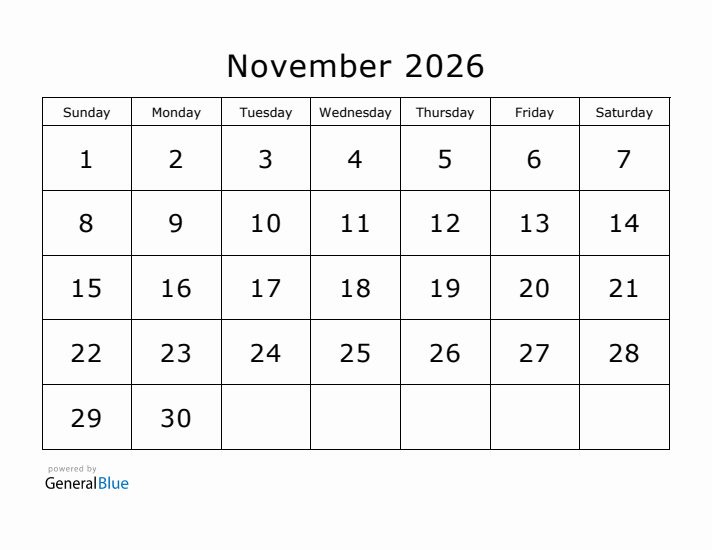 Printable November 2026 Calendar - Sunday Start