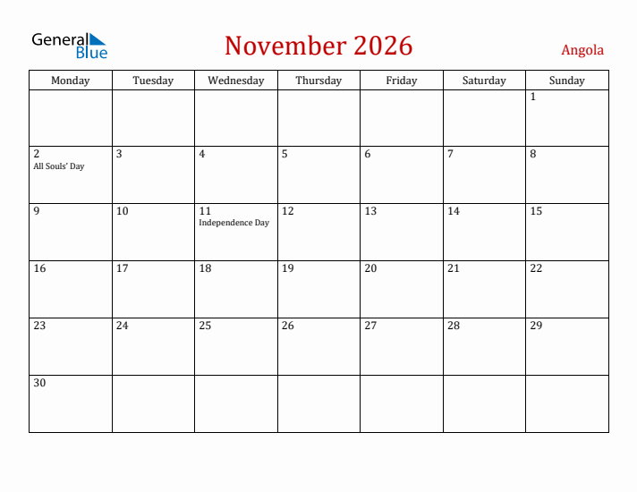 Angola November 2026 Calendar - Monday Start