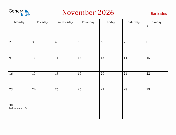 Barbados November 2026 Calendar - Monday Start