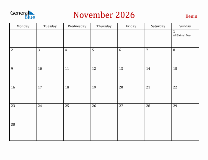 Benin November 2026 Calendar - Monday Start