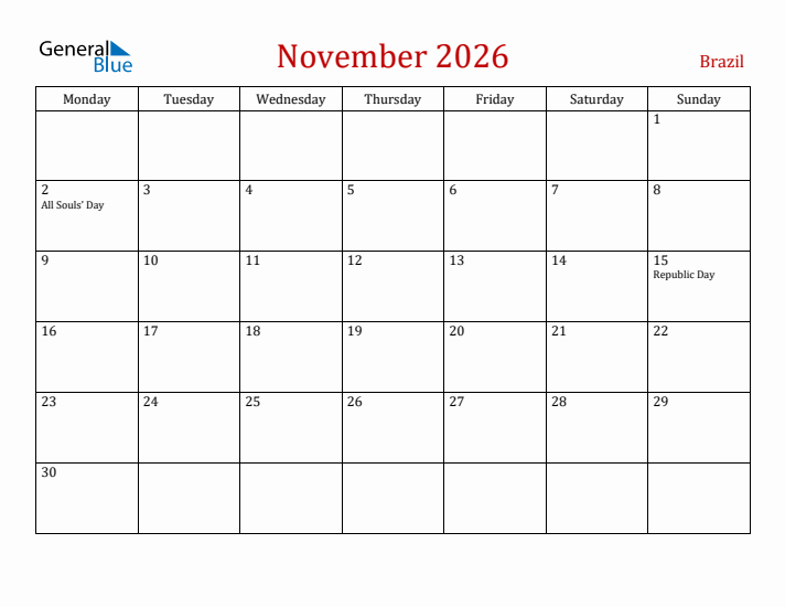 Brazil November 2026 Calendar - Monday Start