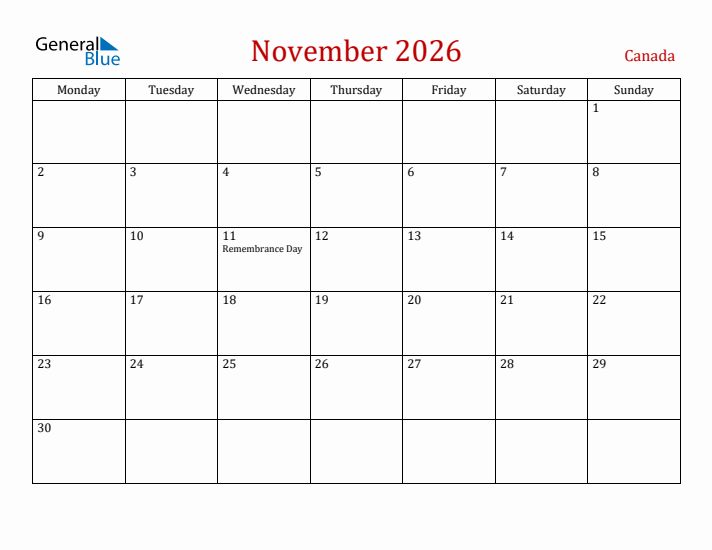 Canada November 2026 Calendar - Monday Start