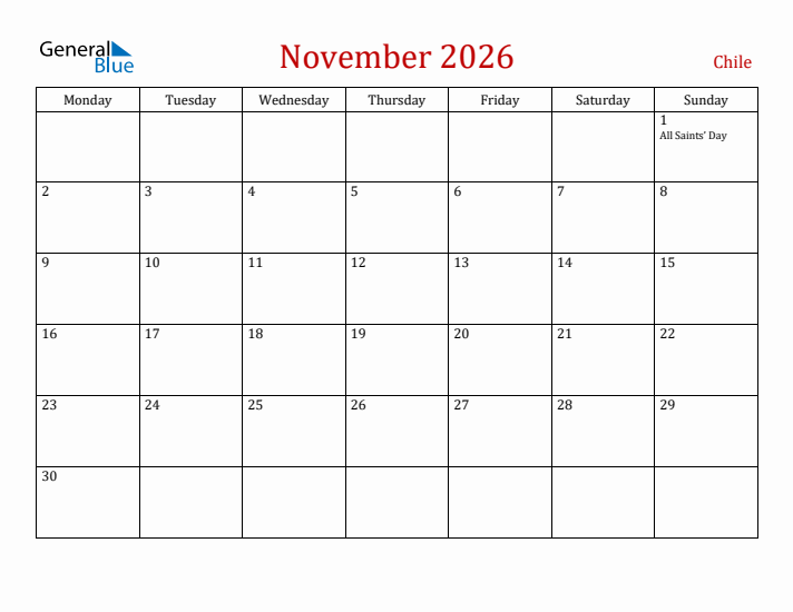 Chile November 2026 Calendar - Monday Start