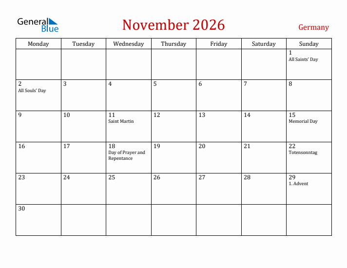 Germany November 2026 Calendar - Monday Start