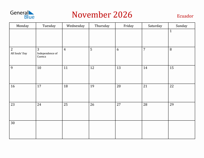 Ecuador November 2026 Calendar - Monday Start