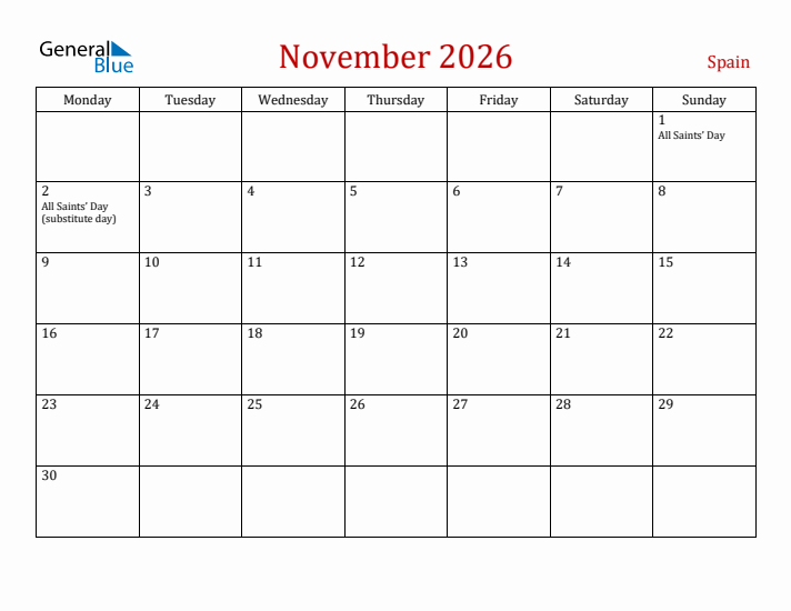 Spain November 2026 Calendar - Monday Start