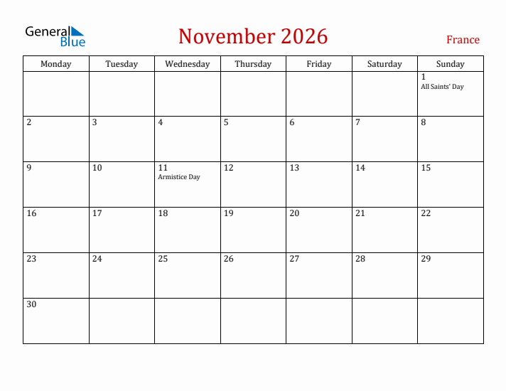France November 2026 Calendar - Monday Start