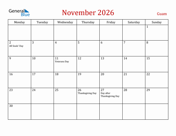 Guam November 2026 Calendar - Monday Start