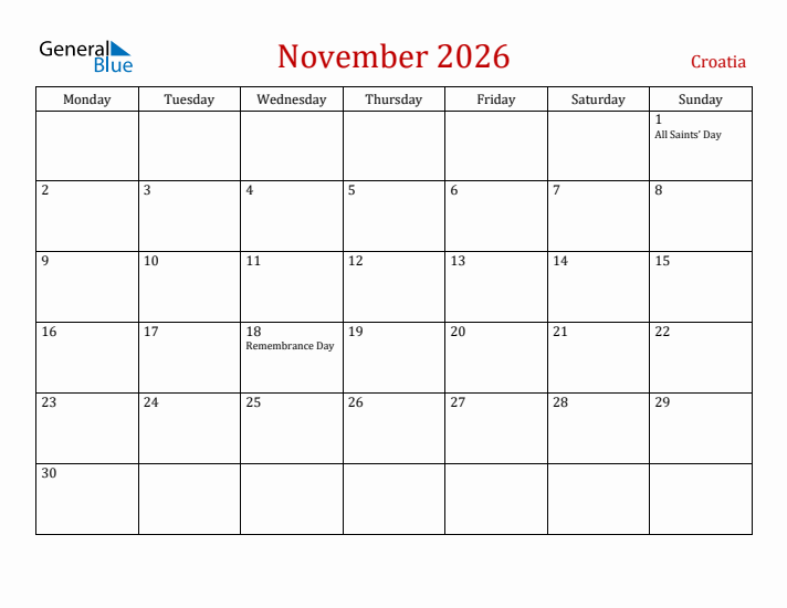 Croatia November 2026 Calendar - Monday Start