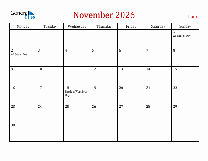 Haiti November 2026 Calendar - Monday Start