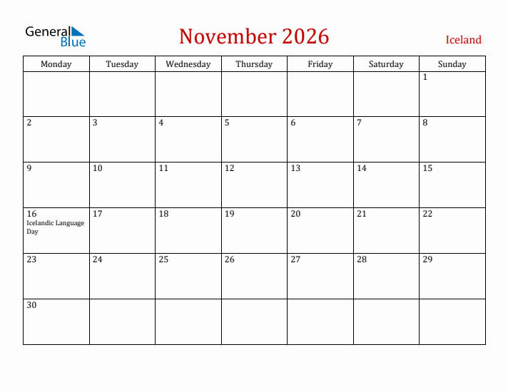 Iceland November 2026 Calendar - Monday Start