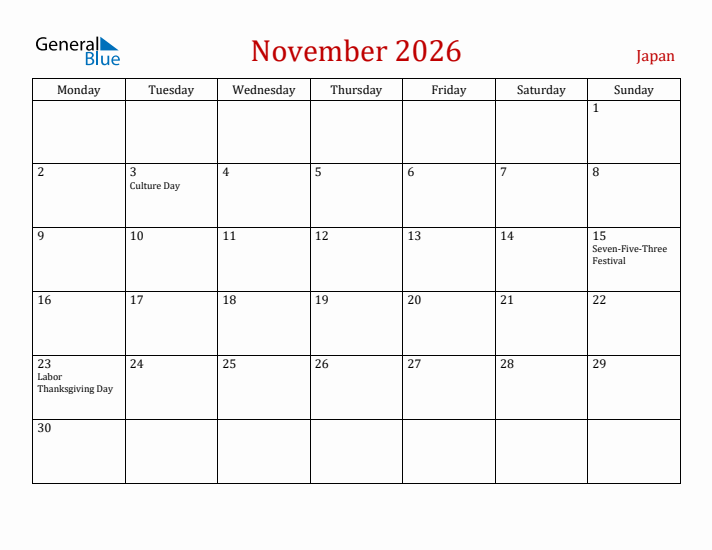 Japan November 2026 Calendar - Monday Start