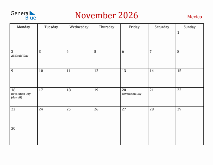 Mexico November 2026 Calendar - Monday Start