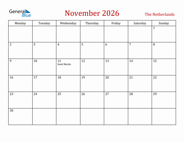 The Netherlands November 2026 Calendar - Monday Start