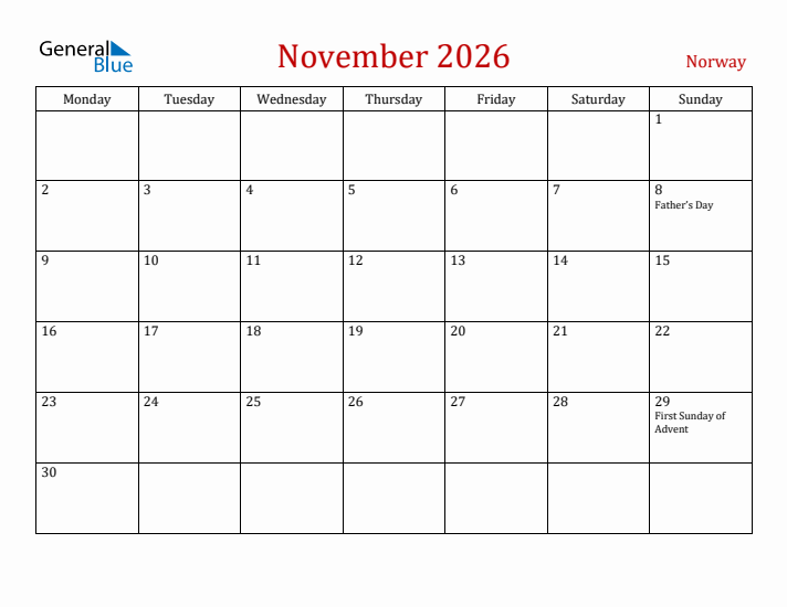 Norway November 2026 Calendar - Monday Start