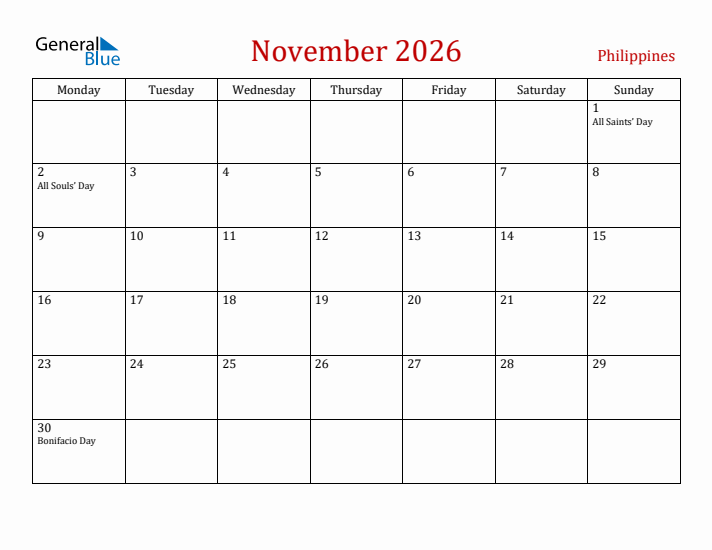 Philippines November 2026 Calendar - Monday Start