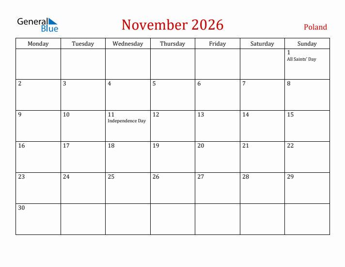 Poland November 2026 Calendar - Monday Start