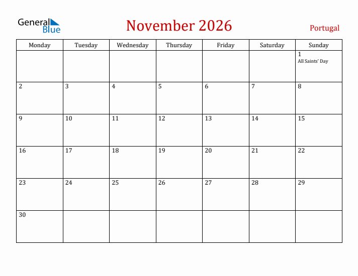 Portugal November 2026 Calendar - Monday Start