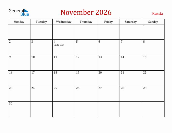 Russia November 2026 Calendar - Monday Start