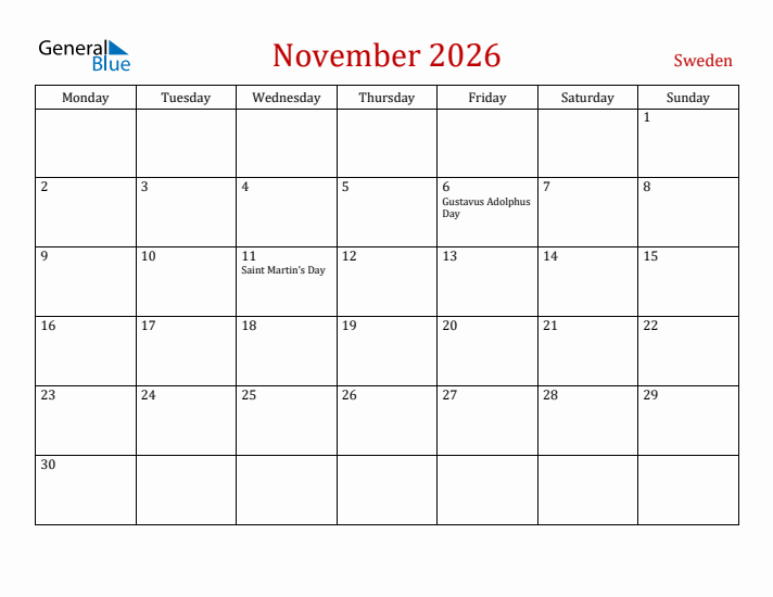 Sweden November 2026 Calendar - Monday Start