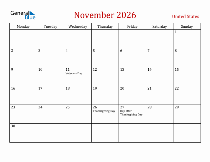 United States November 2026 Calendar - Monday Start