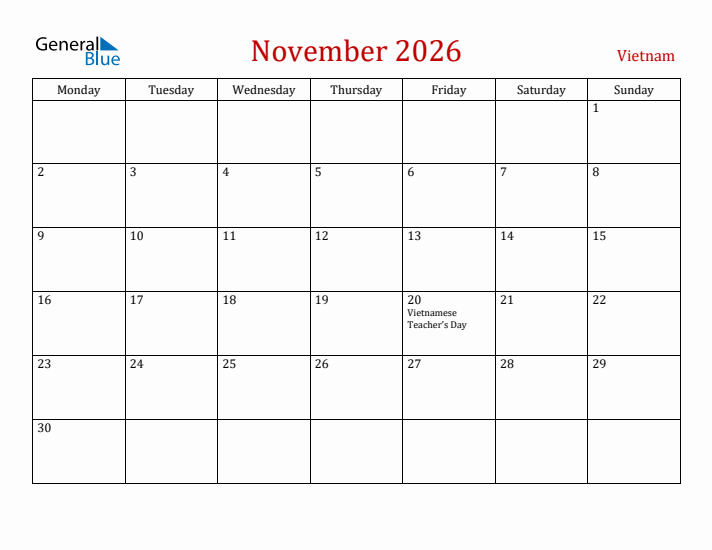 Vietnam November 2026 Calendar - Monday Start