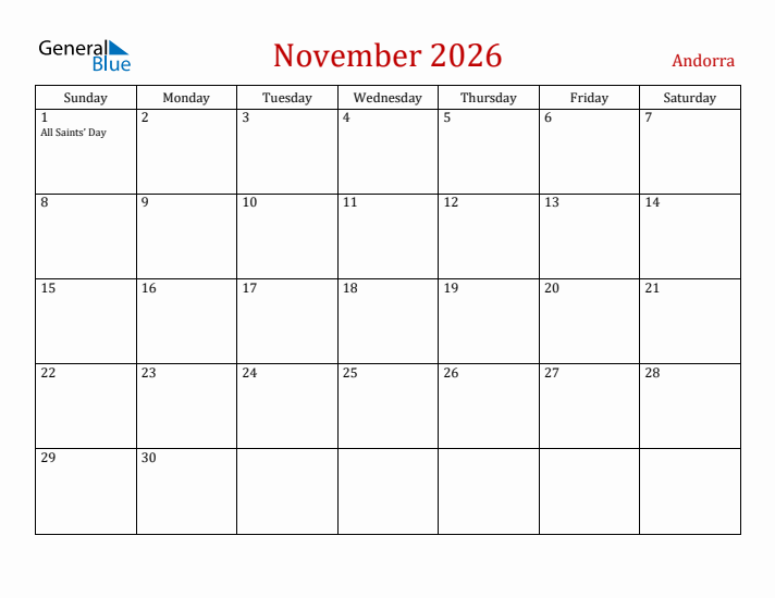 Andorra November 2026 Calendar - Sunday Start