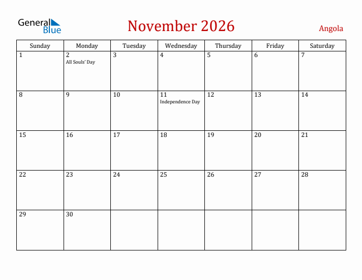 Angola November 2026 Calendar - Sunday Start