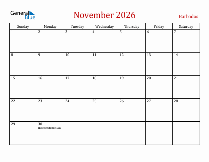Barbados November 2026 Calendar - Sunday Start