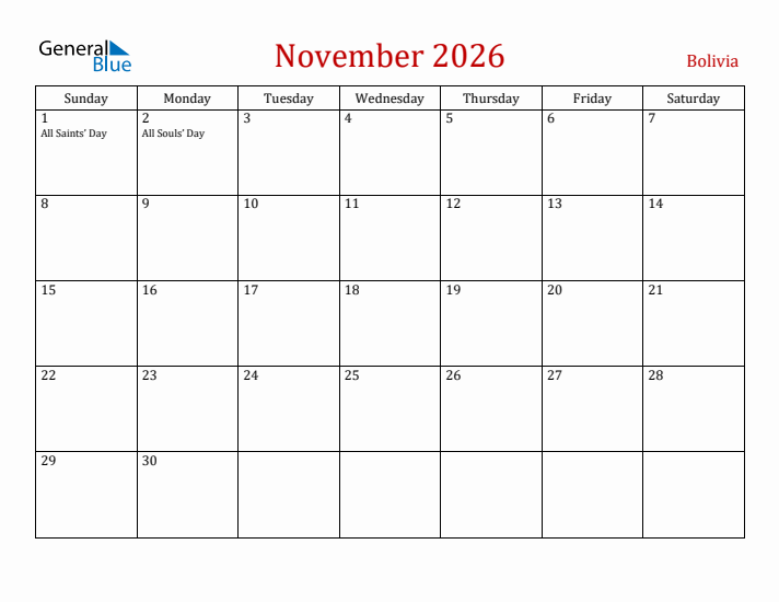 Bolivia November 2026 Calendar - Sunday Start