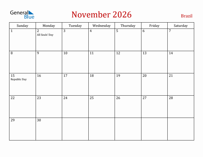Brazil November 2026 Calendar - Sunday Start