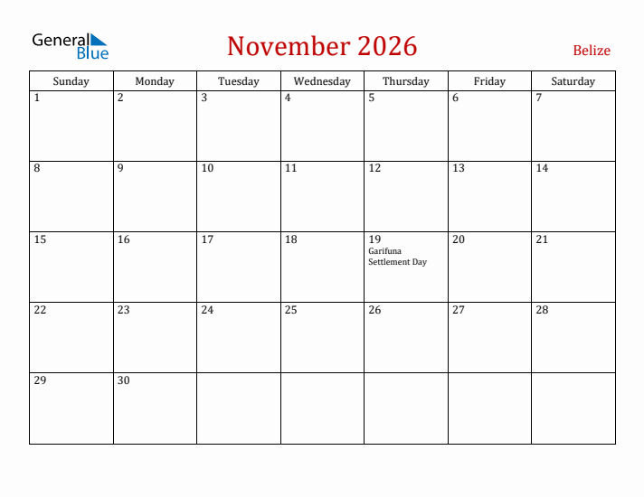 Belize November 2026 Calendar - Sunday Start