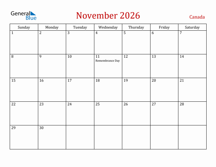 Canada November 2026 Calendar - Sunday Start