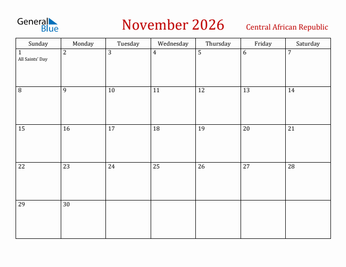 Central African Republic November 2026 Calendar - Sunday Start