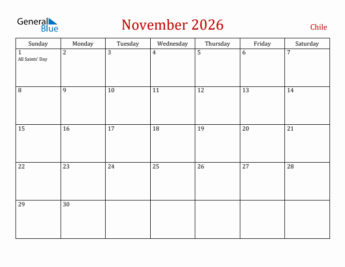 Chile November 2026 Calendar - Sunday Start