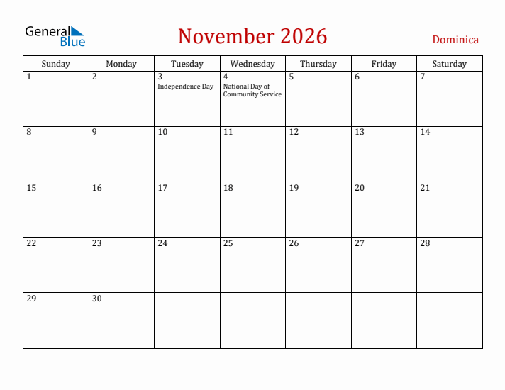 Dominica November 2026 Calendar - Sunday Start
