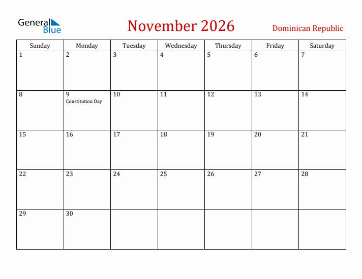 Dominican Republic November 2026 Calendar - Sunday Start