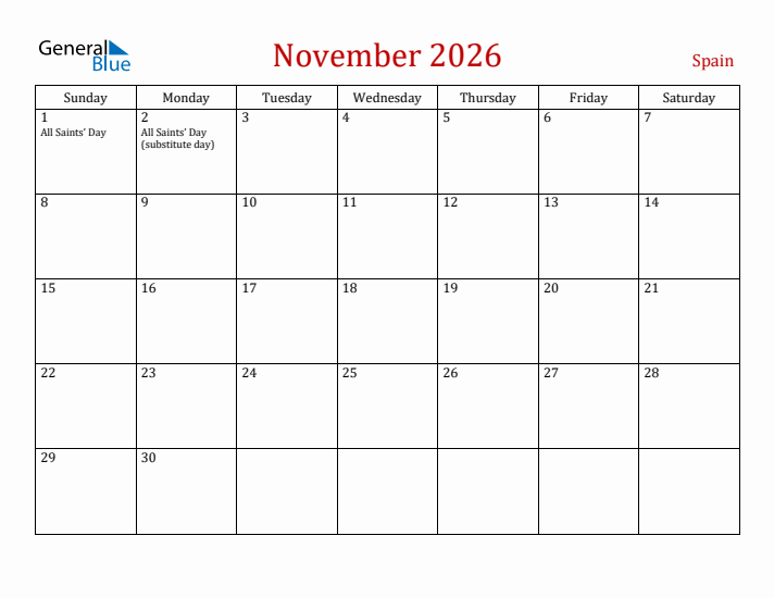 Spain November 2026 Calendar - Sunday Start