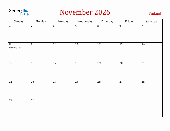 Finland November 2026 Calendar - Sunday Start