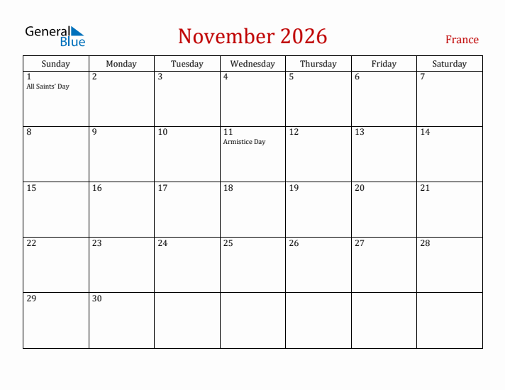 France November 2026 Calendar - Sunday Start