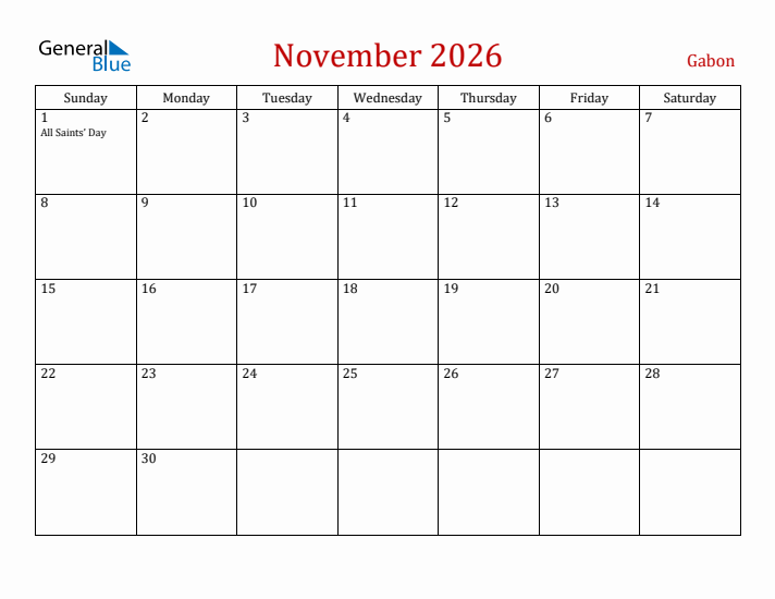 Gabon November 2026 Calendar - Sunday Start