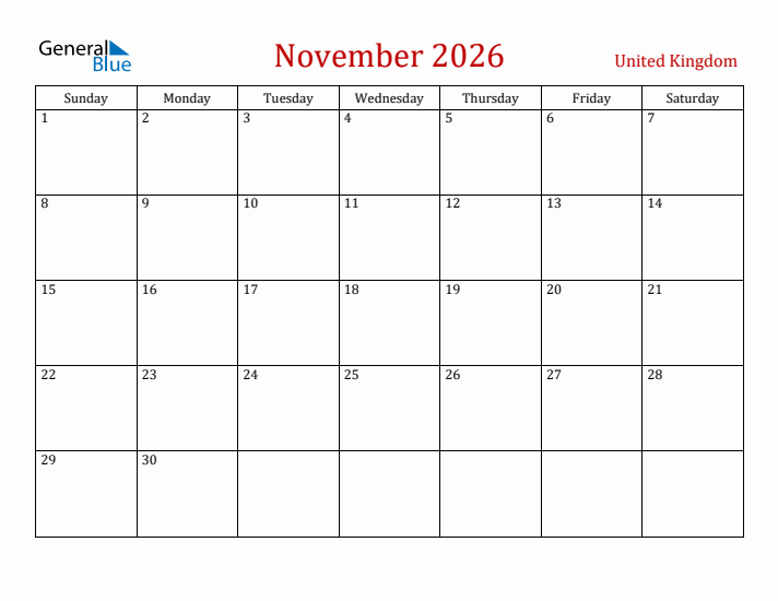 United Kingdom November 2026 Calendar - Sunday Start