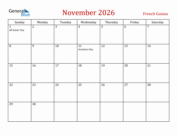 French Guiana November 2026 Calendar - Sunday Start
