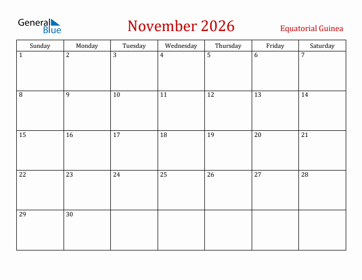 Equatorial Guinea November 2026 Calendar - Sunday Start